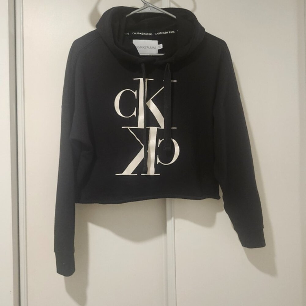 Calvin Klein Jeans Cropped Hoodie Black with Large CK Logo – Size S - Picture 8 of 9